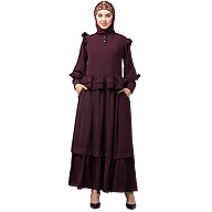Frill abaya with double sleeves design- wine color